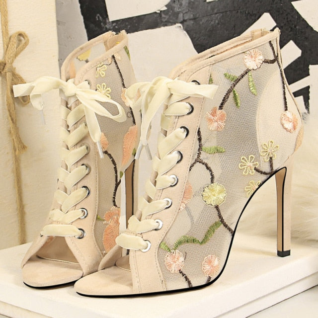 Women Designer 10.5cm Fetish High Heels Mesh Sandals Floral Lace Up Peep Toe Sandals