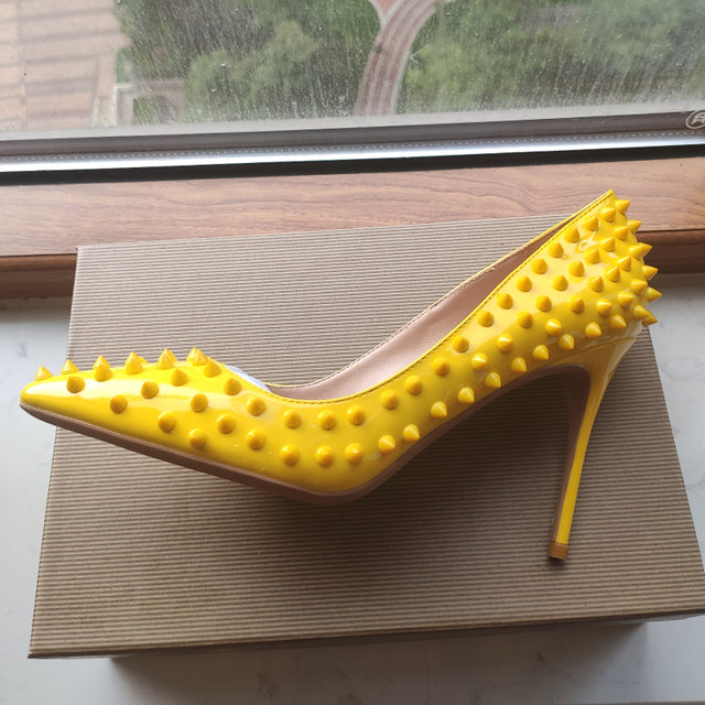 Yellow Full Spikes Women Pointy Toe High Heels Party Shoes