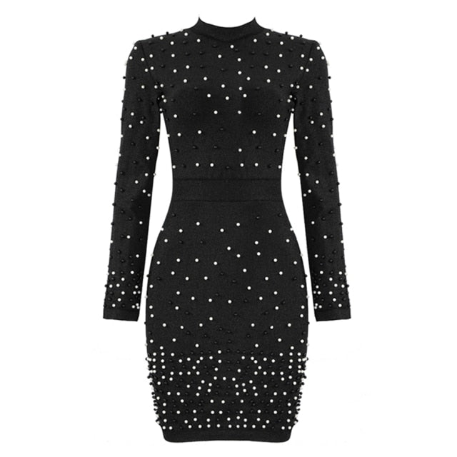 Women Sexy Long Sleeve Pearls Hot Celebrity Runway Club Outfits Dress