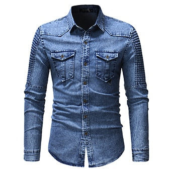 Mens Cotton Jeans Shirt Fashion Autumn Slim Long Sleeve Cowboy Shirts