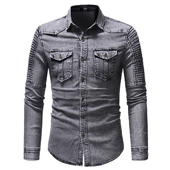 Mens Cotton Jeans Shirt Fashion Autumn Slim Long Sleeve Cowboy Shirts