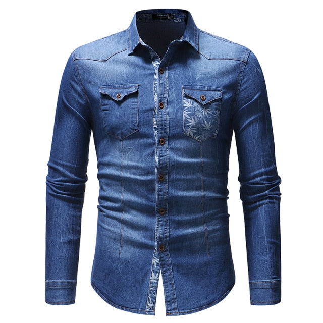 Mens Cotton Jeans Shirt Fashion Autumn Slim Long Sleeve Cowboy Shirts