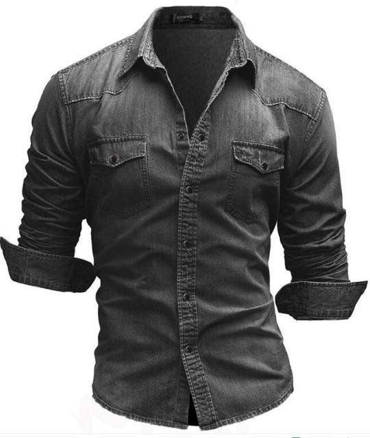 Mens Cotton Jeans Shirt Fashion Autumn Slim Long Sleeve Cowboy Shirts