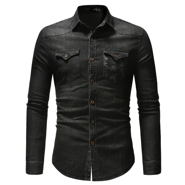 Mens Cotton Jeans Shirt Fashion Autumn Slim Long Sleeve Cowboy Shirts