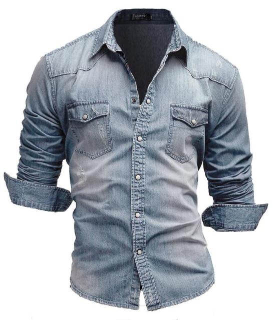Mens Cotton Jeans Shirt Fashion Autumn Slim Long Sleeve Cowboy Shirts