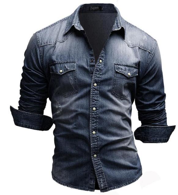 Mens Cotton Jeans Shirt Fashion Autumn Slim Long Sleeve Cowboy Shirts