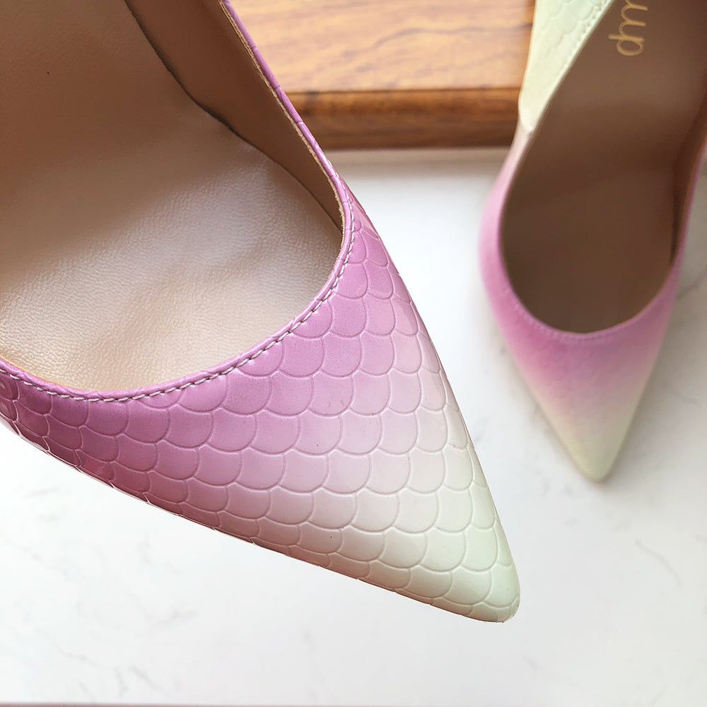 Gradient Mint Pink Women Crocodile Effect Pointy Toe High Heel Shoes