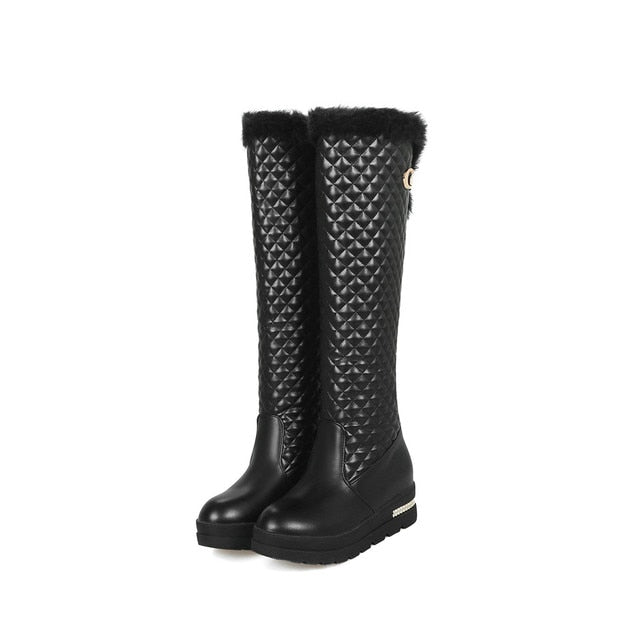 Women Fashion PU leather Fur Plush Shoes Flat Heels Knee High Boots