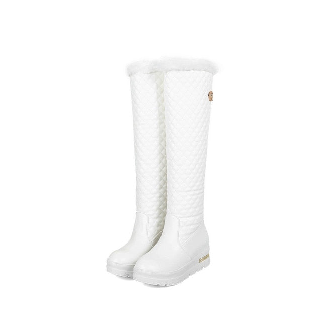 Women Fashion PU leather Fur Plush Shoes Flat Heels Knee High Boots