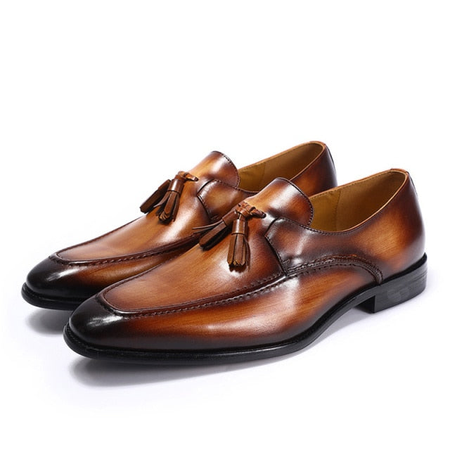 Mens Tassel Loafers Handmade Genuine Leather Brown Formal Shoes