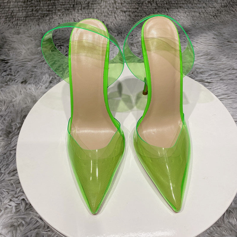 Transparent Fuchsia Pink Women PVC Pointy Toe High Heel Shoes