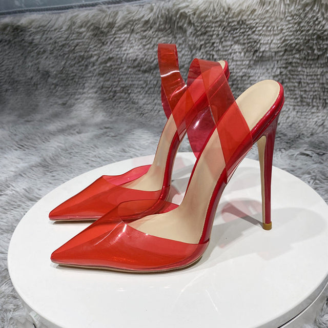 Transparent Fuchsia Pink Women PVC Pointy Toe High Heel Shoes