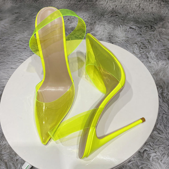 Transparent Fuchsia Pink Women PVC Pointy Toe High Heel Shoes