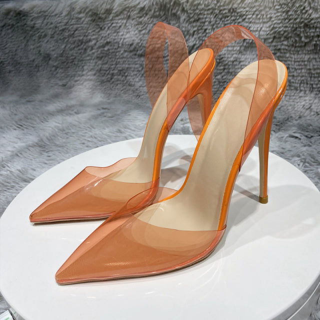 Transparent Fuchsia Pink Women PVC Pointy Toe High Heel Shoes