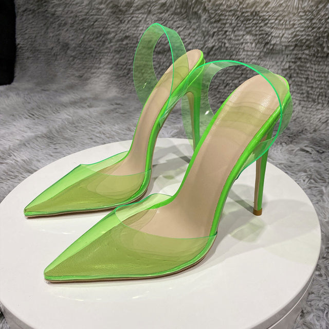 Transparent Fuchsia Pink Women PVC Pointy Toe High Heel Shoes