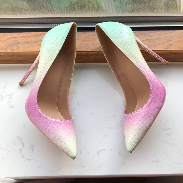 Gradient Mint Pink Women Crocodile Effect Pointy Toe High Heel Shoes