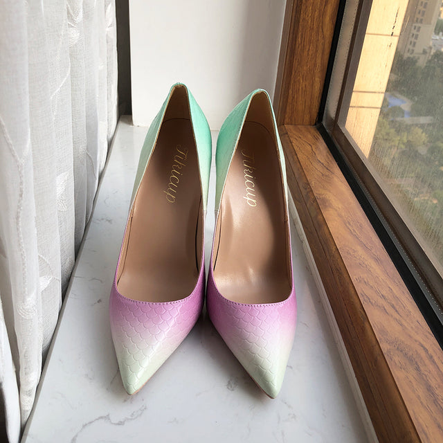 Gradient Mint Pink Women Crocodile Effect Pointy Toe High Heel Shoes