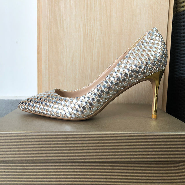 Shiny Plaid Chic Women High Heels Bling Party Dress Shoes