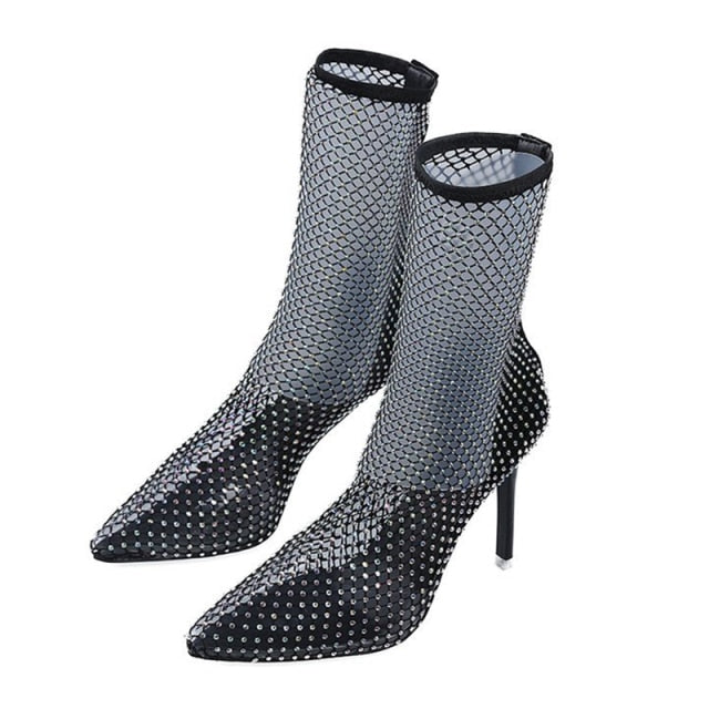 High Heels Shoes Female Crystal Fishnet Mesh Nightclub Shoes