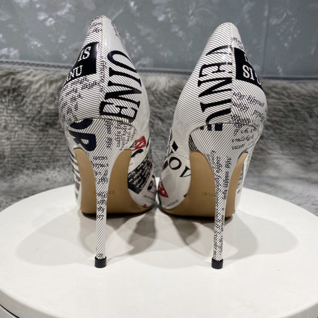Newspaper Printed Women Patent Pointy Toe High Heel Shoes