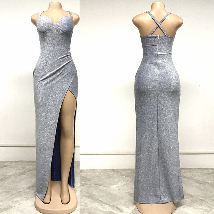 Women High Split Spaghetti Strap Robes Fashion Solid Sleeveless Sexy African Traditional Party Dresses