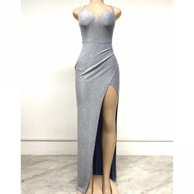 Women High Split Spaghetti Strap Robes Fashion Solid Sleeveless Sexy African Traditional Party Dresses