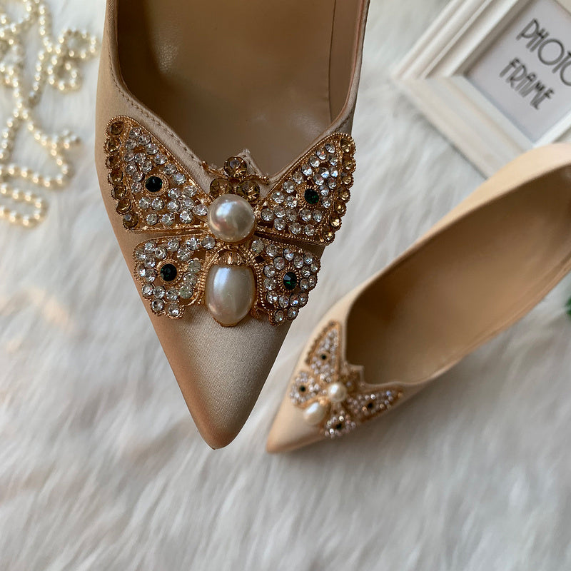 Glitter Bow Women Satin Pointy Toe High Heels Shoes Gorgeous