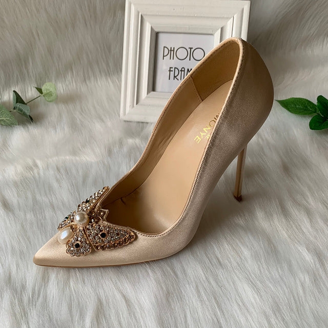 Glitter Bow Women Satin Pointy Toe High Heels Shoes Gorgeous
