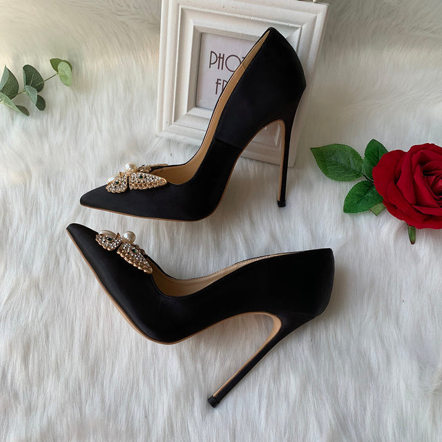 Glitter Bow Women Satin Pointy Toe High Heels Shoes Gorgeous