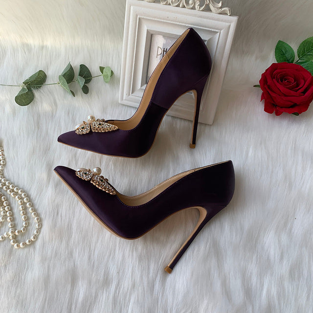 Glitter Bow Women Satin Pointy Toe High Heels Shoes Gorgeous
