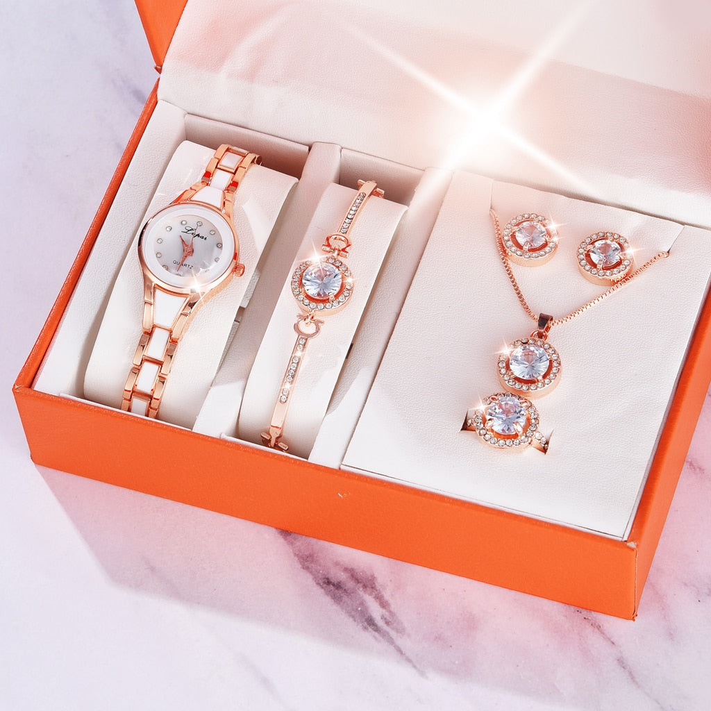 6PCS Watch Set Women Fashion Ladies Luxury Rose Gold Quartz Wristwatches