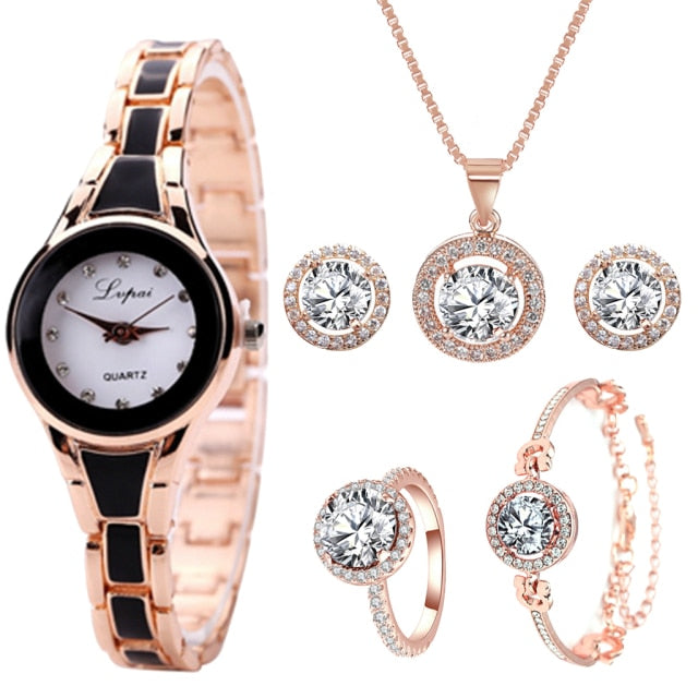 6PCS Watch Set Women Fashion Ladies Luxury Rose Gold Quartz Wristwatches