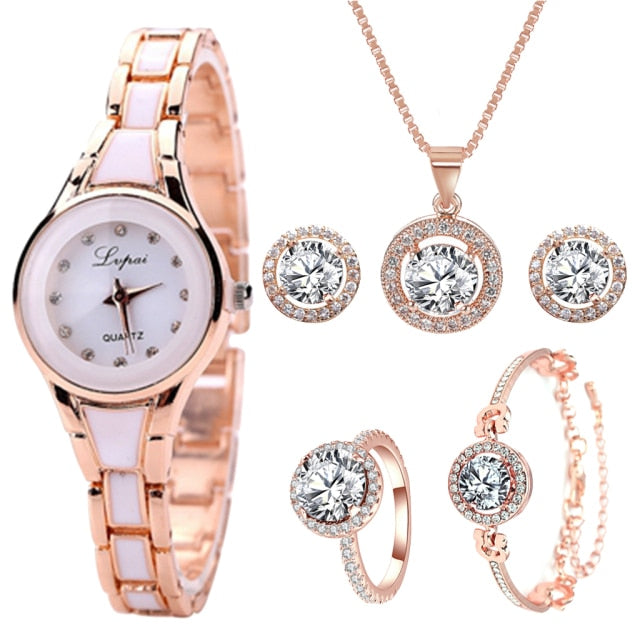 6PCS Watch Set Women Fashion Ladies Luxury Rose Gold Quartz Wristwatches