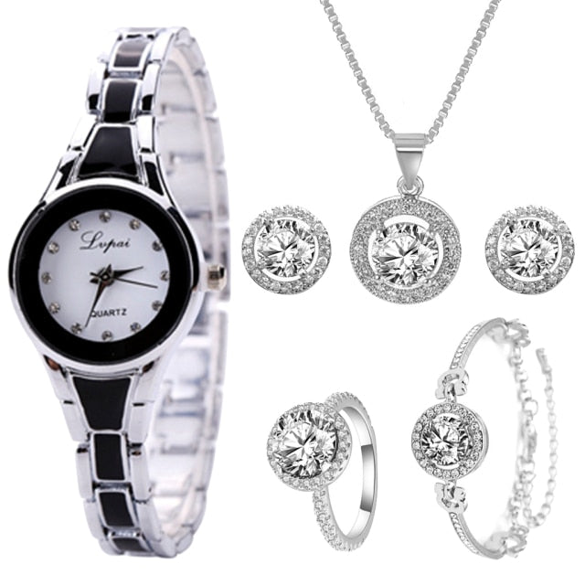 6PCS Watch Set Women Fashion Ladies Luxury Rose Gold Quartz Wristwatches