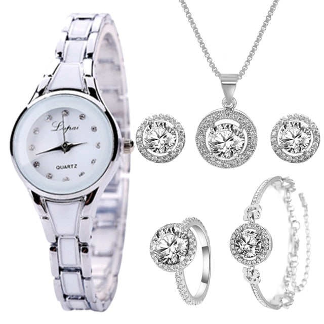 6PCS Watch Set Women Fashion Ladies Luxury Rose Gold Quartz Wristwatches
