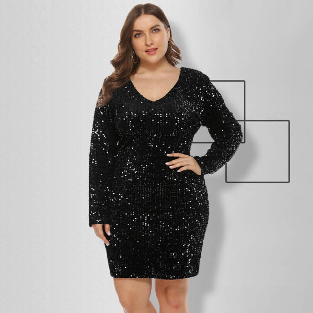 Plus Size Sexy V-Neck Sequin Long Sleeve Bodycon Mini Dress