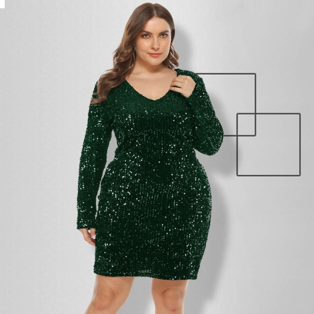 Plus Size Sexy V-Neck Sequin Long Sleeve Bodycon Mini Dress