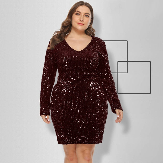 Plus Size Sexy V-Neck Sequin Long Sleeve Bodycon Mini Dress