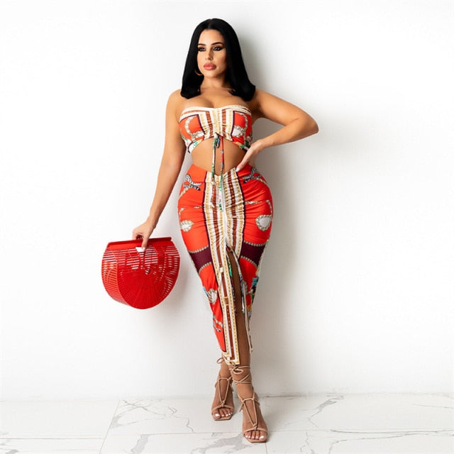 Women Sexy Strapless Shirring Crop Top And Front Split Pencil Midi Skirt Party Outfit