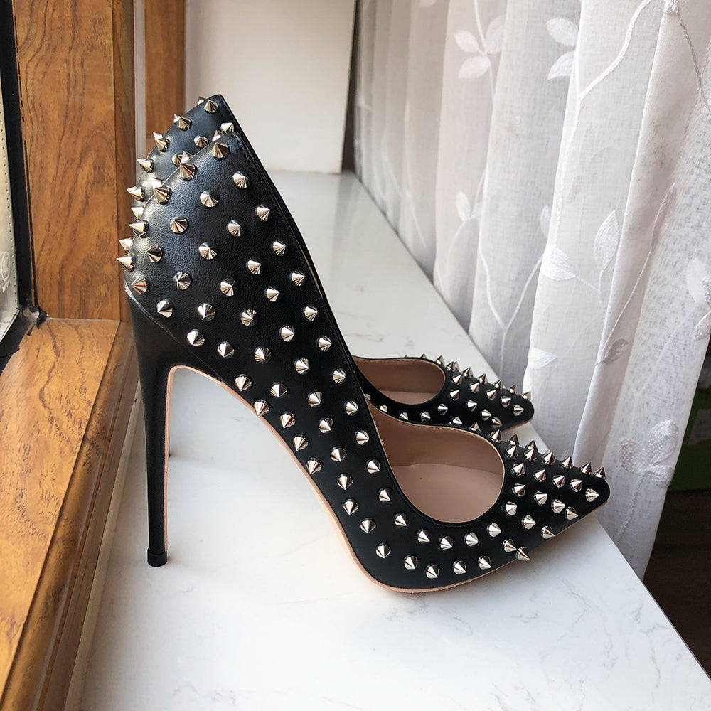 Silver Spikes Women Black Matte Sexy Stiletto High Heels Shoes