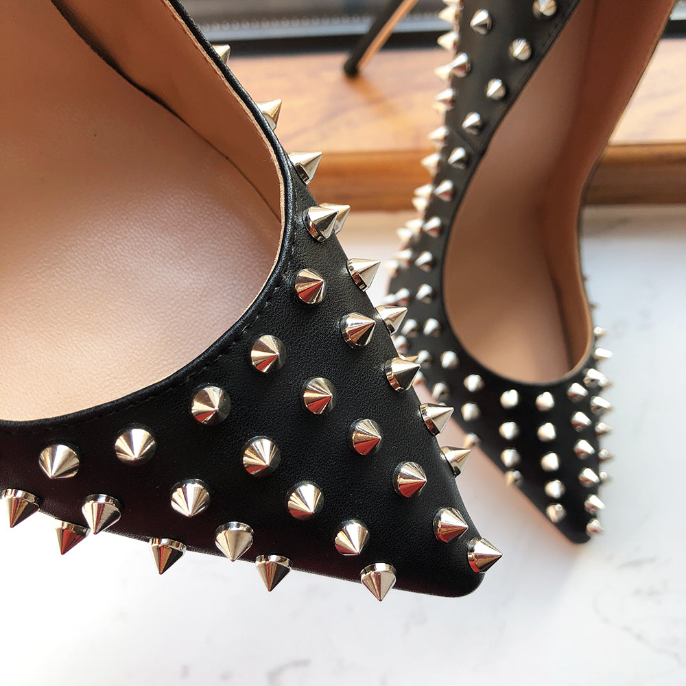 Silver Spikes Women Black Matte Sexy Stiletto High Heels Shoes