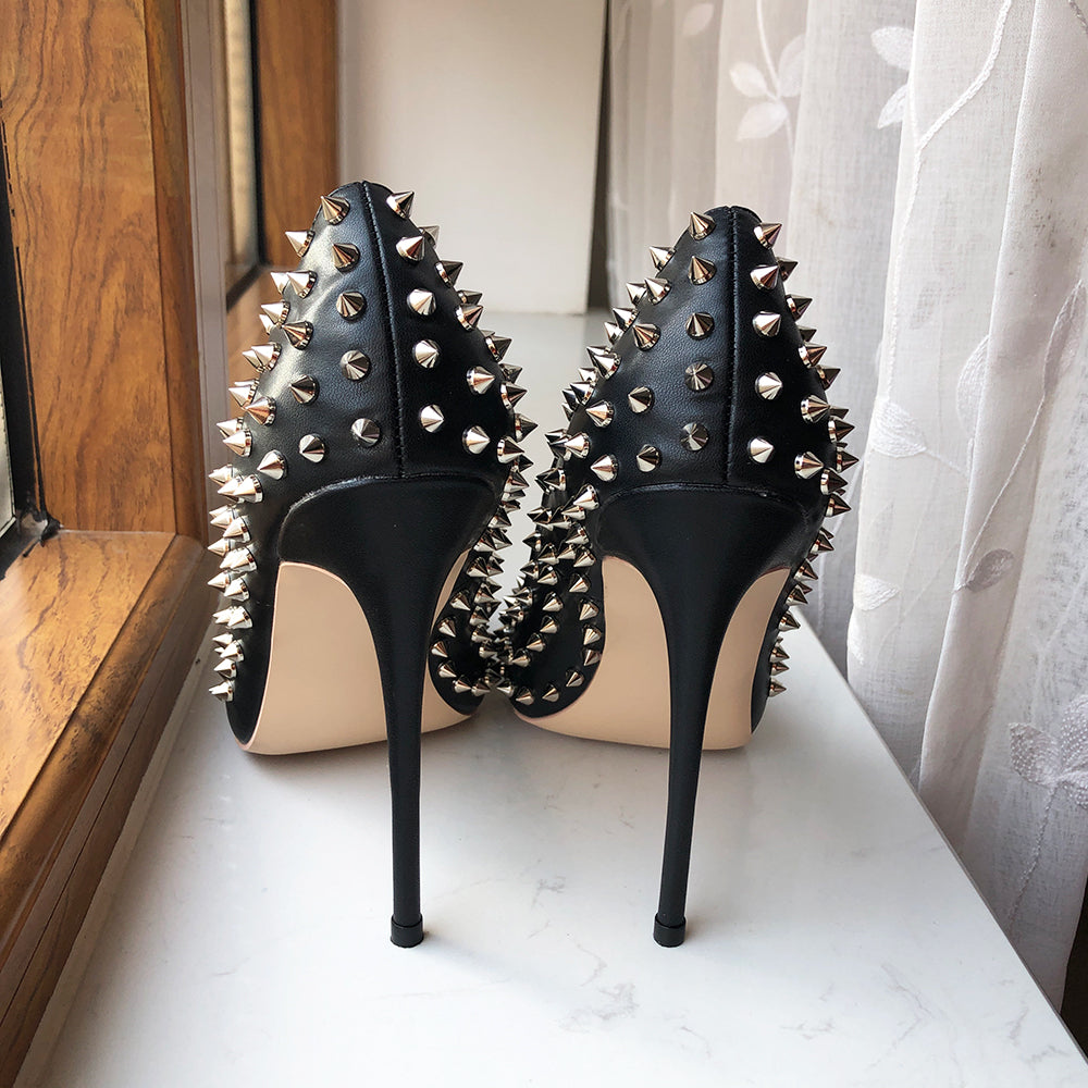 Silver Spikes Women Black Matte Sexy Stiletto High Heels Shoes