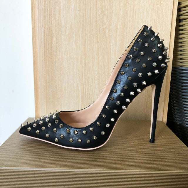 Silver Spikes Women Black Matte Sexy Stiletto High Heels Shoes