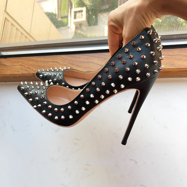 Silver Spikes Women Black Matte Sexy Stiletto High Heels Shoes