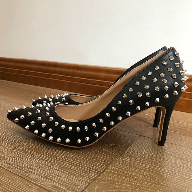 Silver Spikes Women Black Matte Sexy Stiletto High Heels Shoes