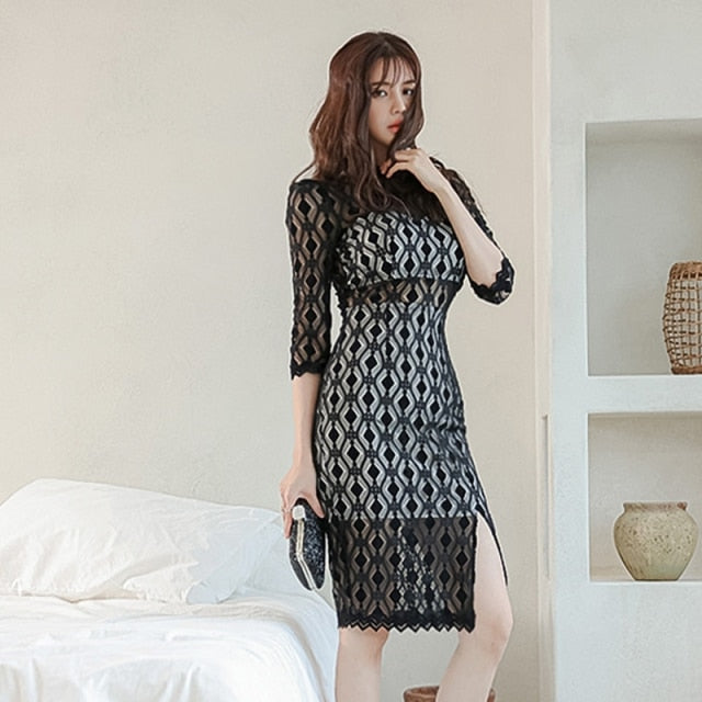 Queen Sexy Vintage Spring Lace Dresses Women Slim Party Pencil Dress