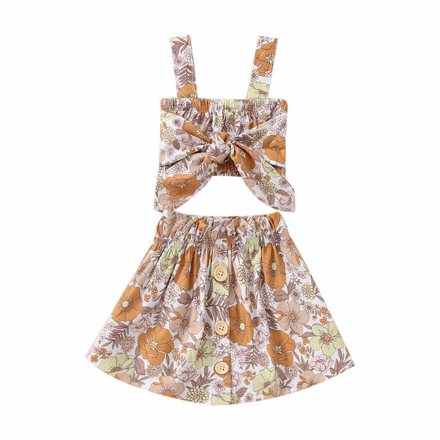 Baby Girls Sweet Clothes Sets 2pcs Flowers Printed Strap Sleeveless Bowknot Skirts