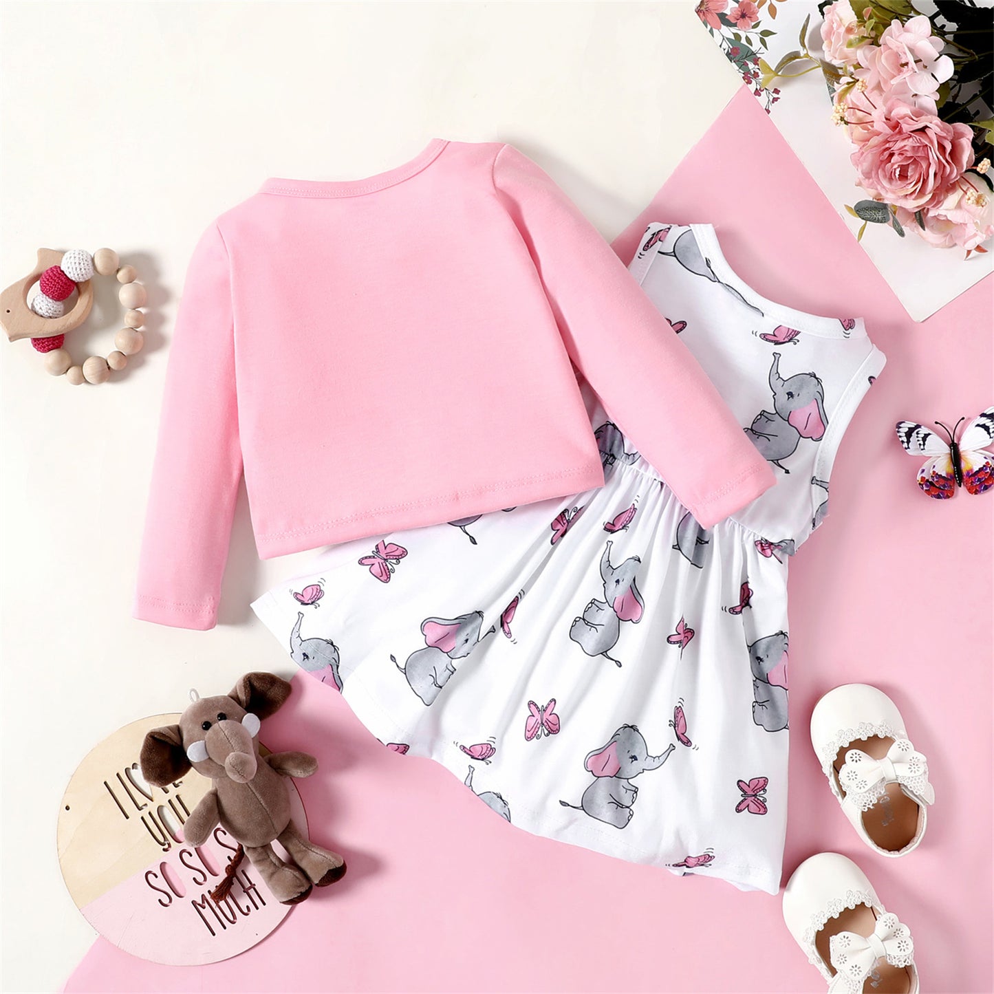 2pcs Baby Girl Pink Long-sleeve Dress Set