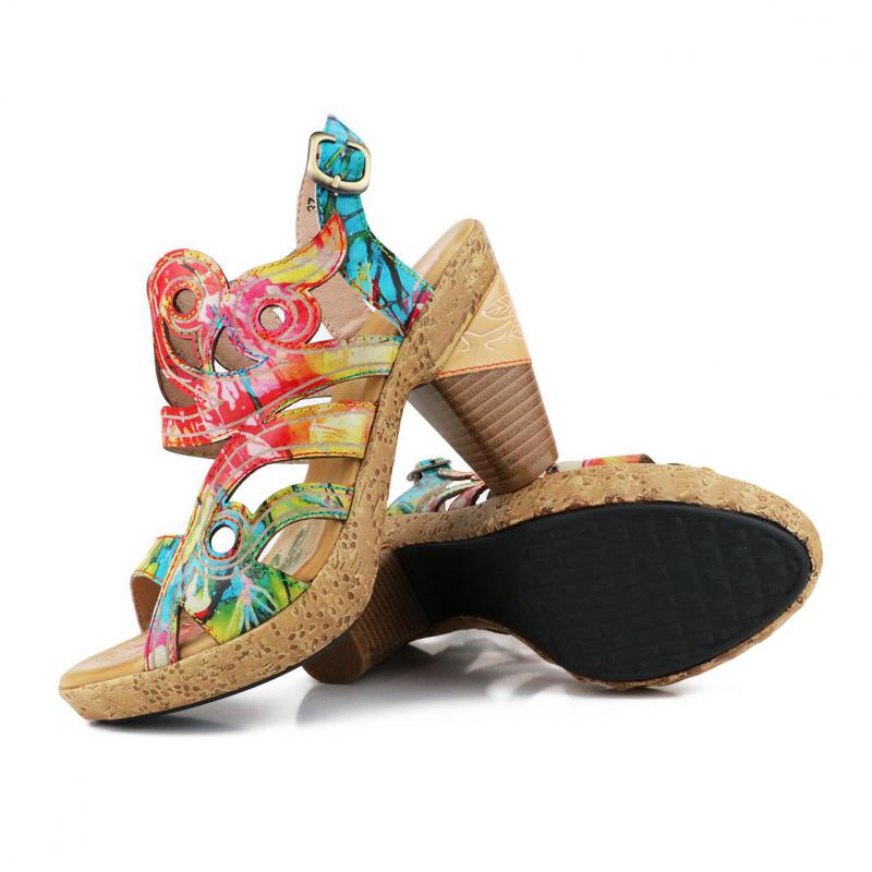 Women Sandals Genuine Leather Buckle Strap Hand-painted Sandals