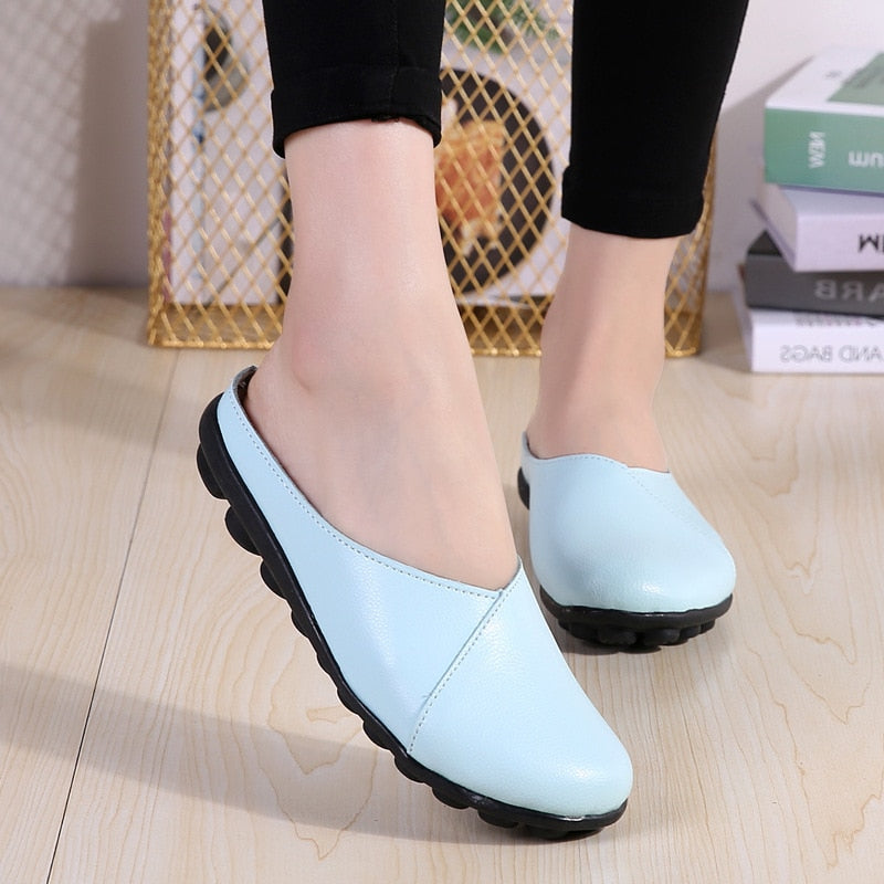 Outside Genuine Leather Comfortable Round Toe Solid Casual Sewing Woman Slippers